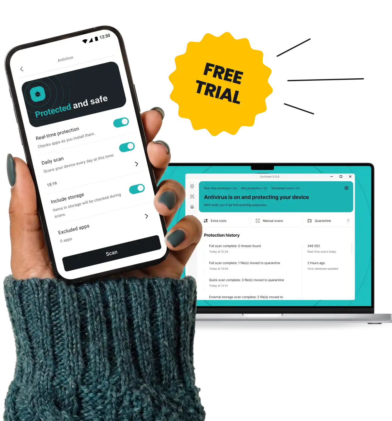 A hand holding a smartphone next to a laptop, both displaying Surfshark Antivirus interface, and a free trial badge above.
