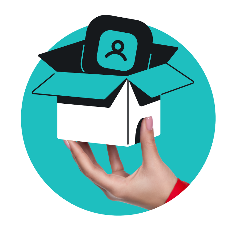 Hand holding an open box with a user profile icon in it.