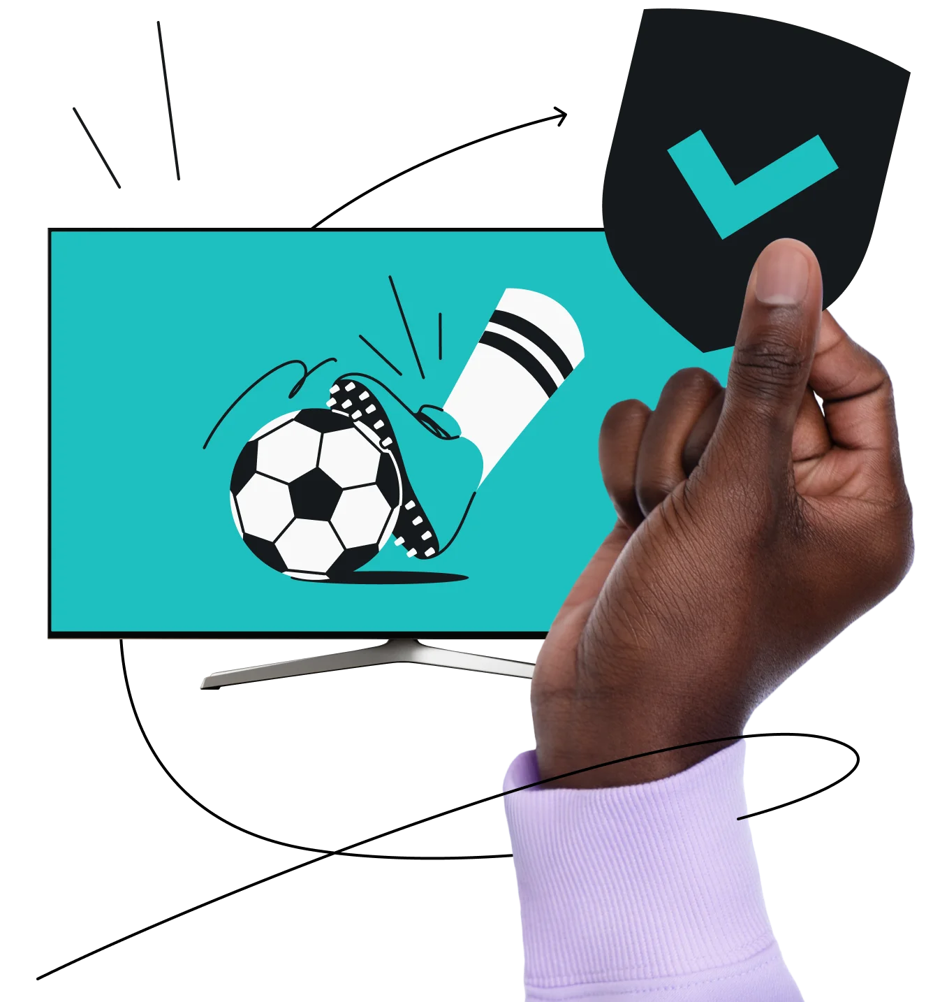 Hand holding a checkmarked shield by a TV screen showing a cleat kicking a soccer ball on a teal background.
