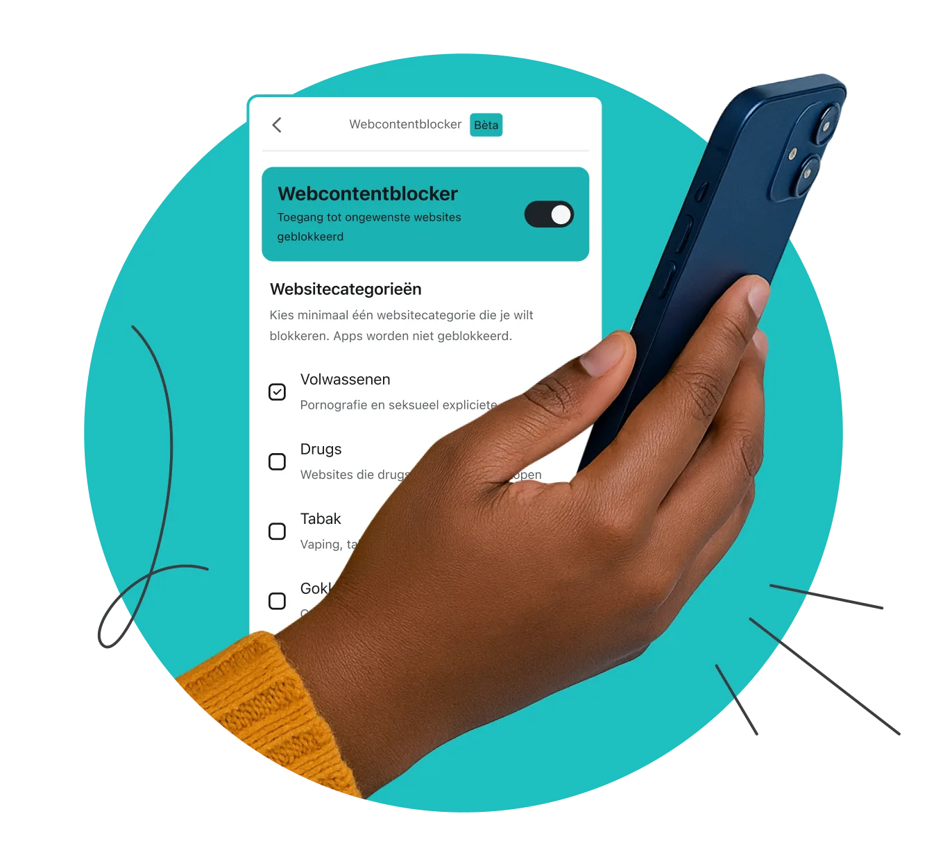 Een hand die een smartphone vasthoudt voor een scherm met de tekst Webcontentblocker en een lijst van websitecategorieën.