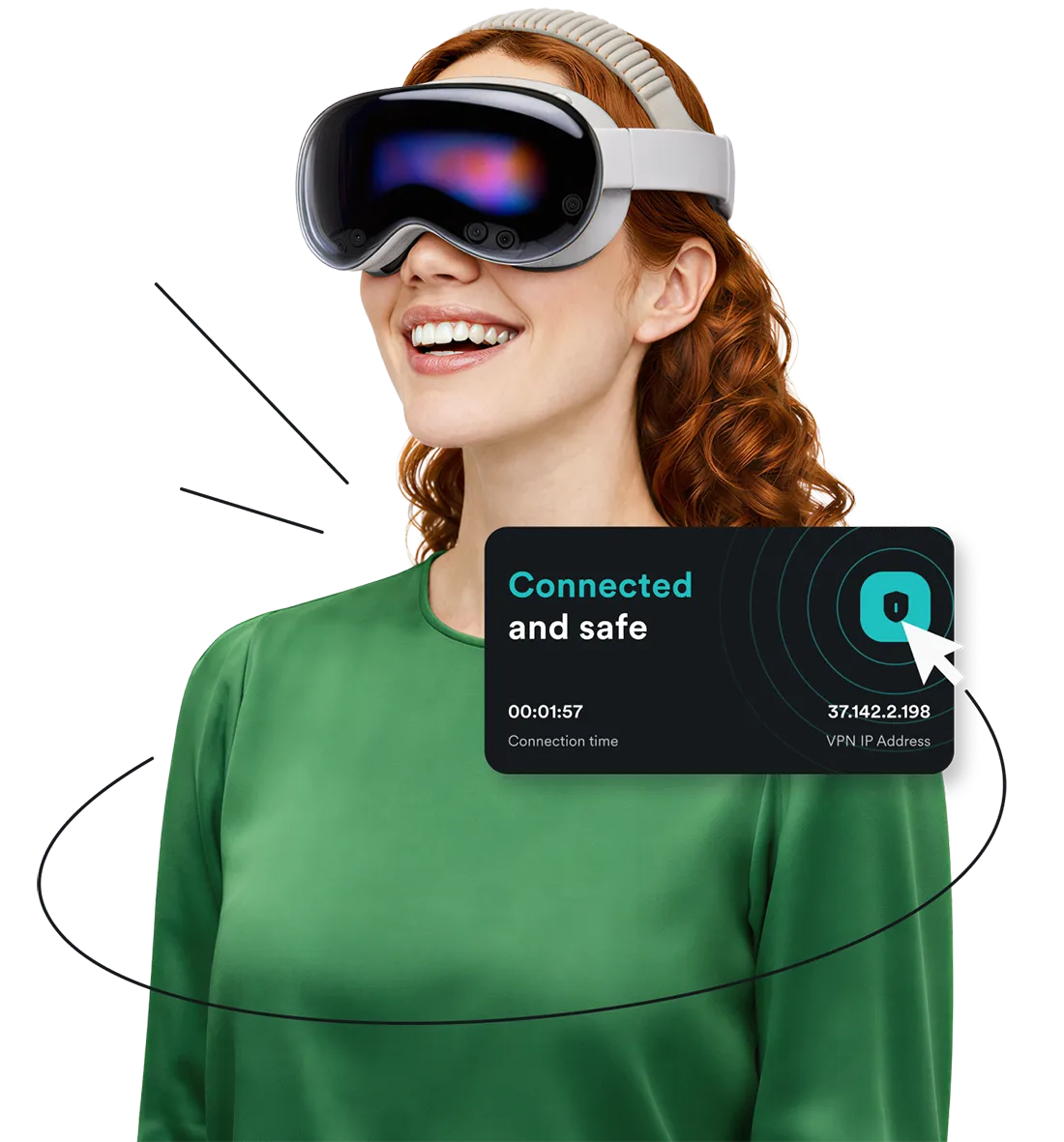 Smiling woman wearing Apple Vision Pro VR headset and VPN app overlay reading Connected and safe, circled by a mouse cursor.