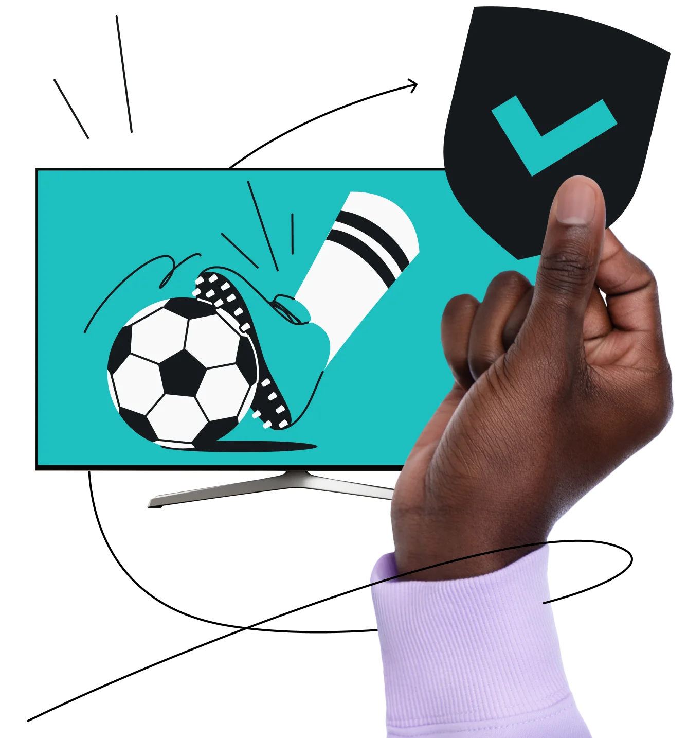 Hand holding a checkmarked shield by a TV screen showing a cleat kicking a soccer ball on a teal background.