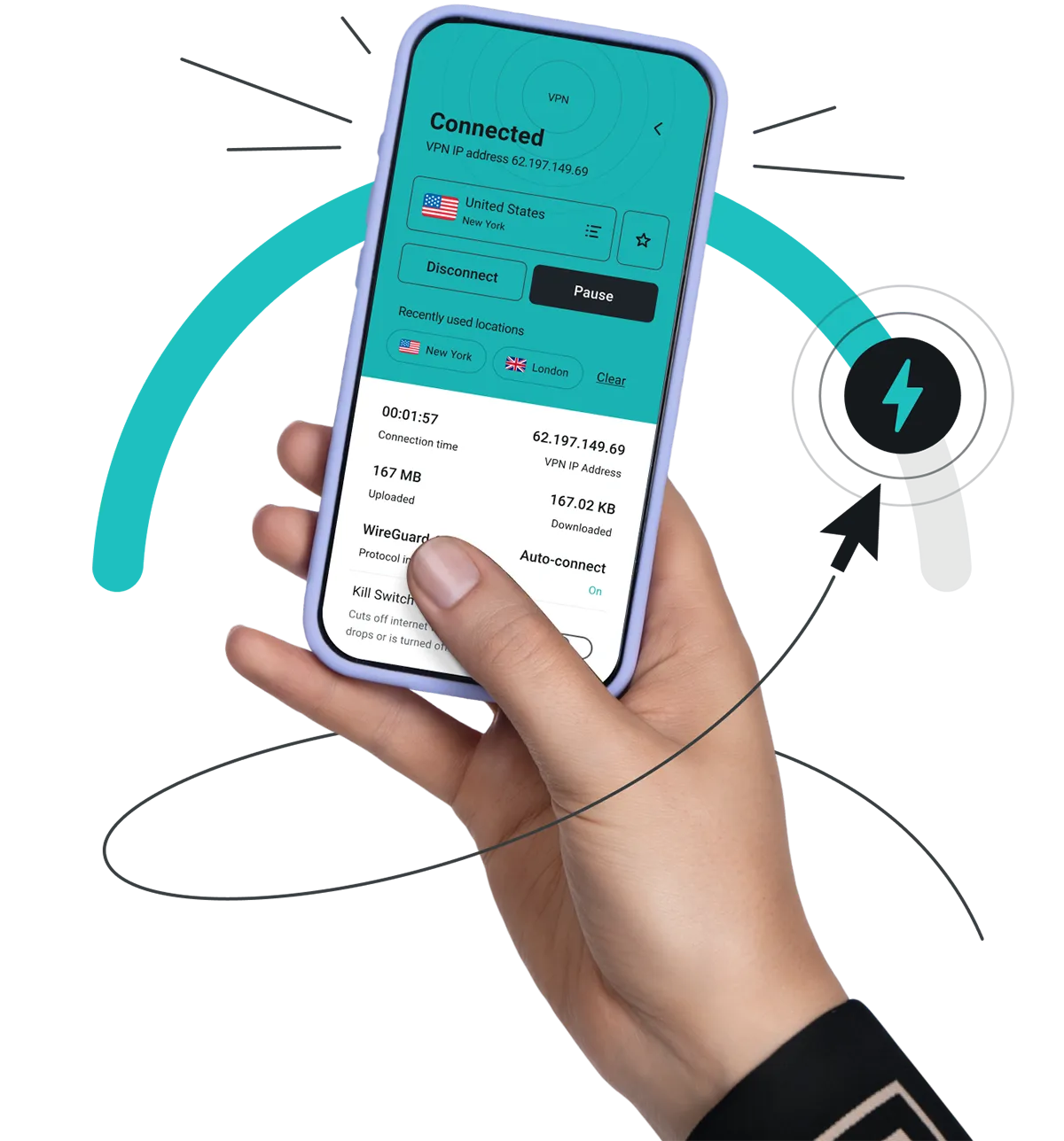 Hand holding a smartphone showing the Surfshark VPN app connected to a US server in front of a lightning bolt on a gauge.