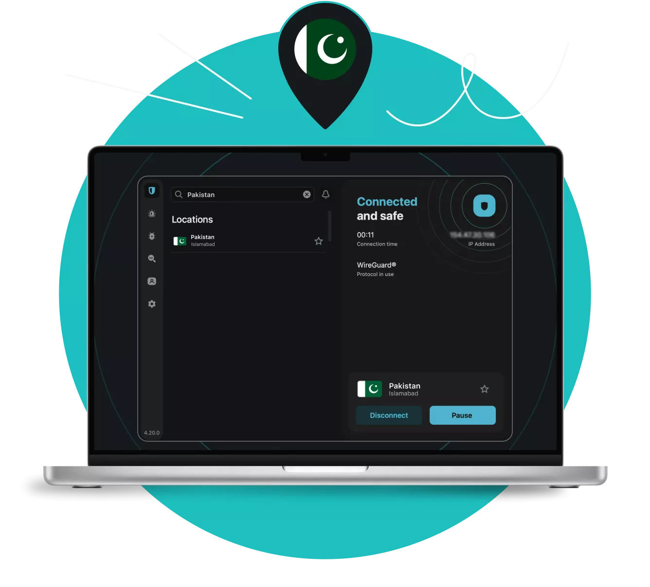Laptop displaying the Surfshark VPN app connected to an Islamabad server under a map pin with the Pakistani flag.