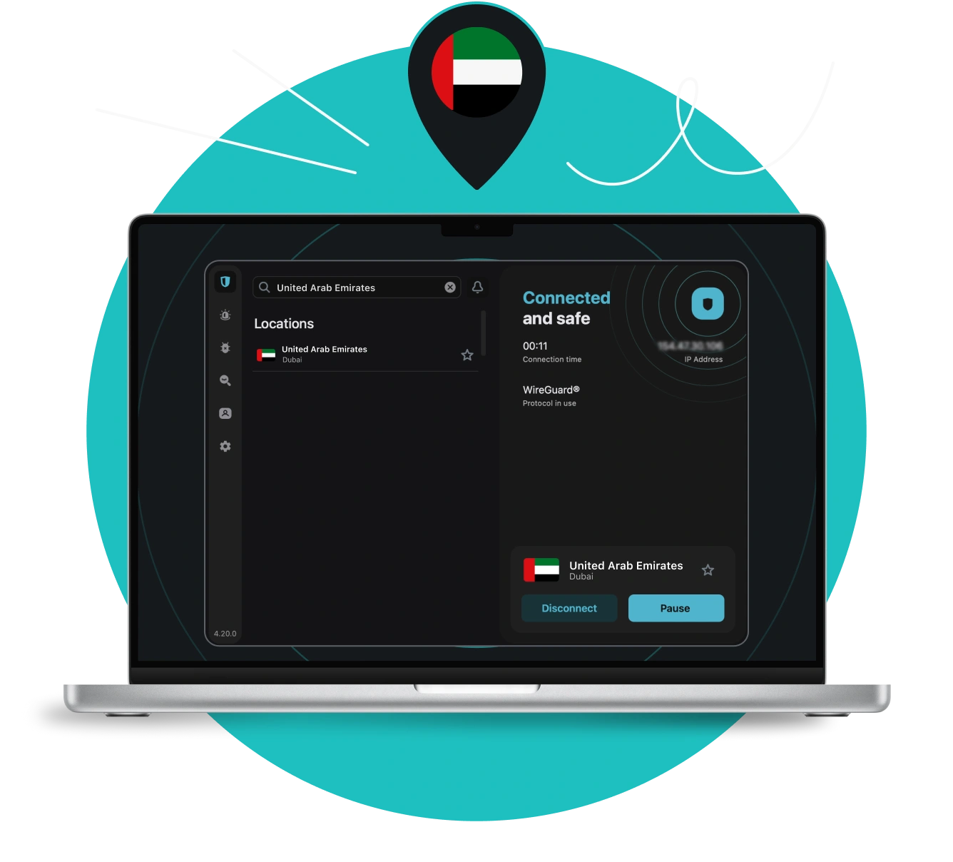 Laptop screen showing Surfshark VPN app connected to Dubai, with a United Arab Emirates flag location pin above it.