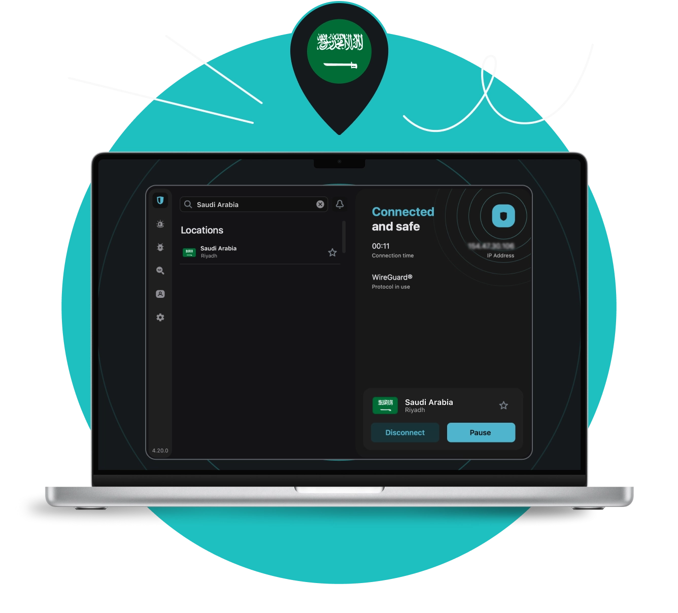 A laptop showing the Surfshark app connected to a server in Saudi Arabia, with a Saudi flag location pin above it.
