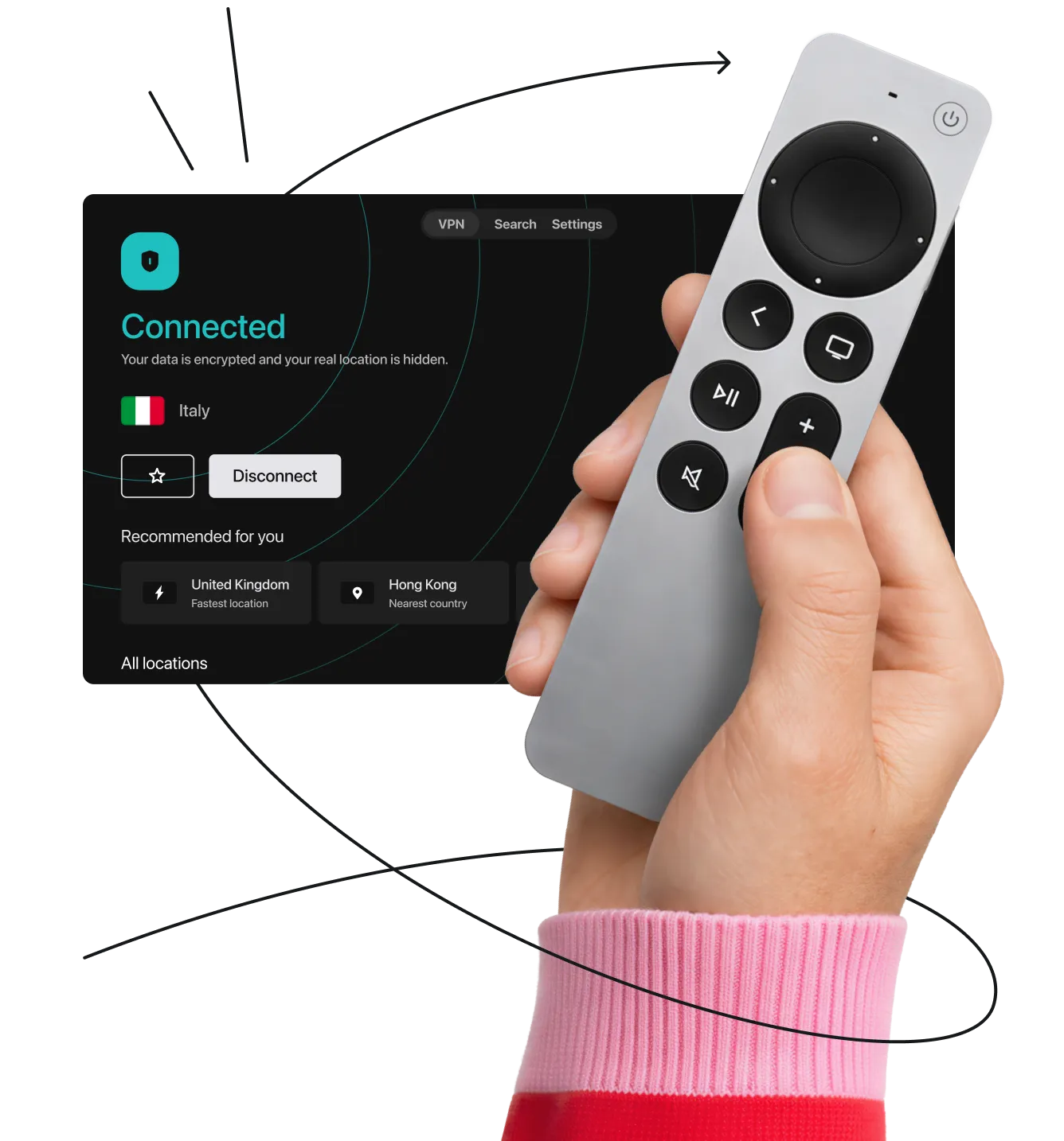 Hand holding a smart TV remote in front of the Surfshark VPN app interface showing a connection to an Italian server.