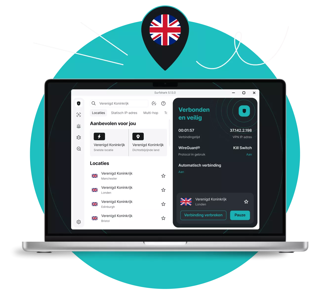Laptopscherm met de interface van de Surfshark VPN-app met daarin Britse servers onder een locatiespeld met de Britse vlag.