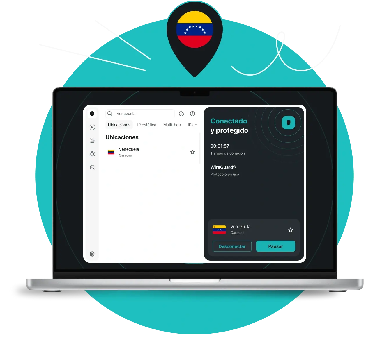 Una laptop mostrando la aplicación Surfshark conectada a un servidor en Venezuela, con un pin de ubicación con la bandera de Venezuela encima.