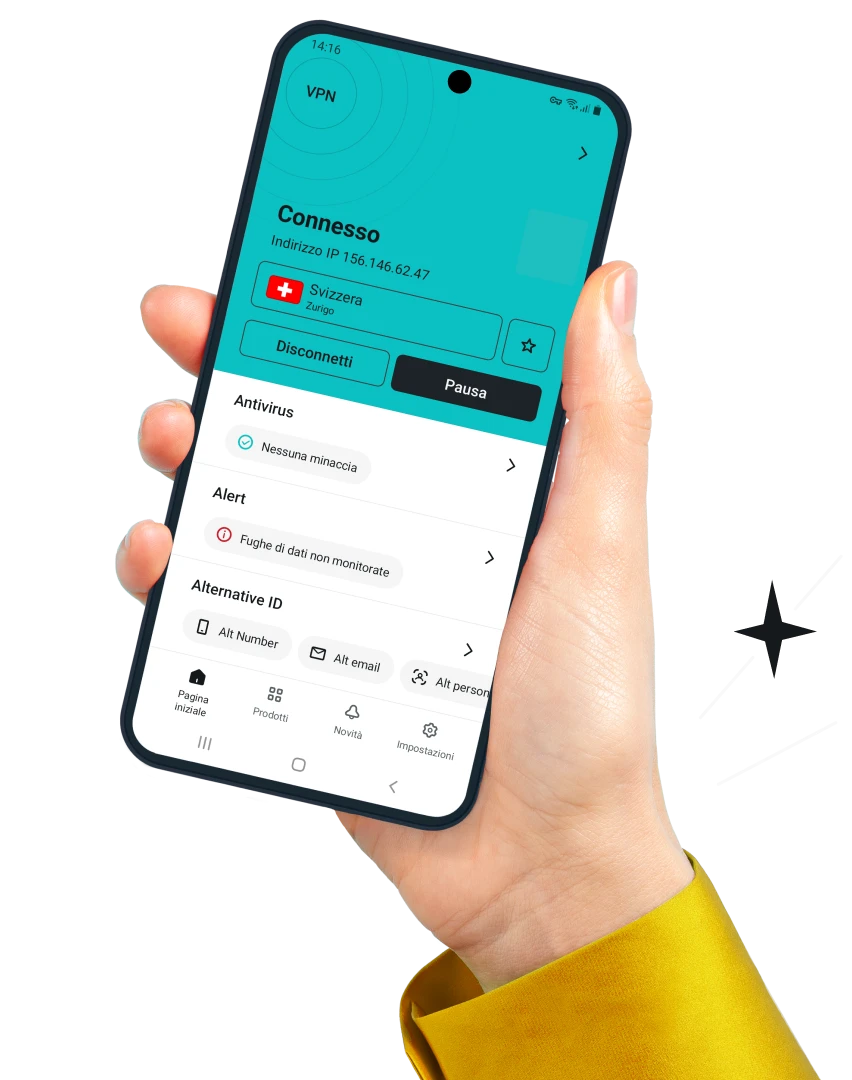 Una mano che tiene uno smartphone Android che mostra l'app Surfshark e gli strumenti VPN, Antivirus, Alert e Alternative ID. 