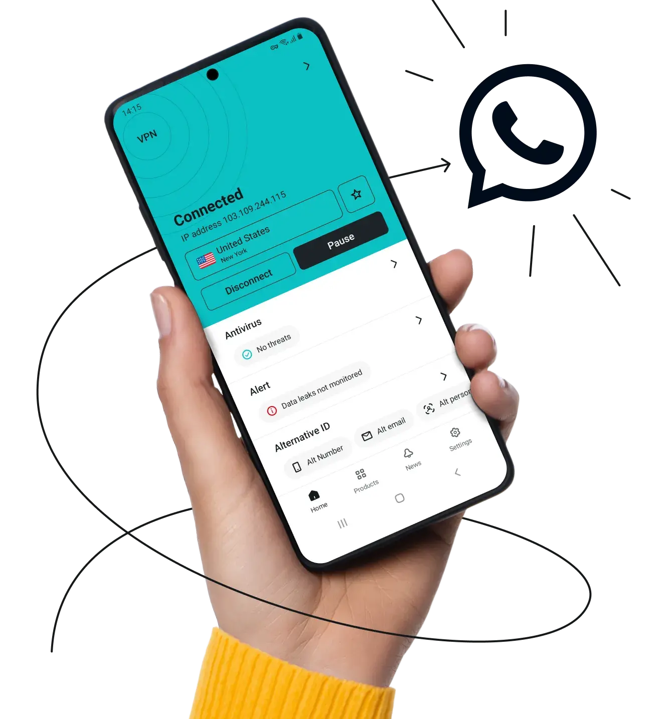 A hand holding a phone showing the Surfshark app interface, with a WhatsApp logo and a small arrow to the right.