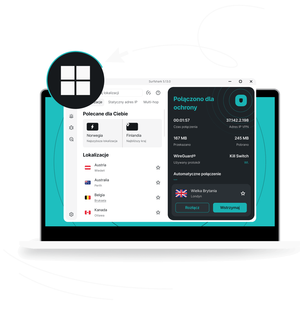 Laptop pokazujący aplikację desktopową Surfshark VPN w języku hiszpańskim, połączoną z serwerem w Wielkiej Brytanii w Londynie, na tle logo Windows.