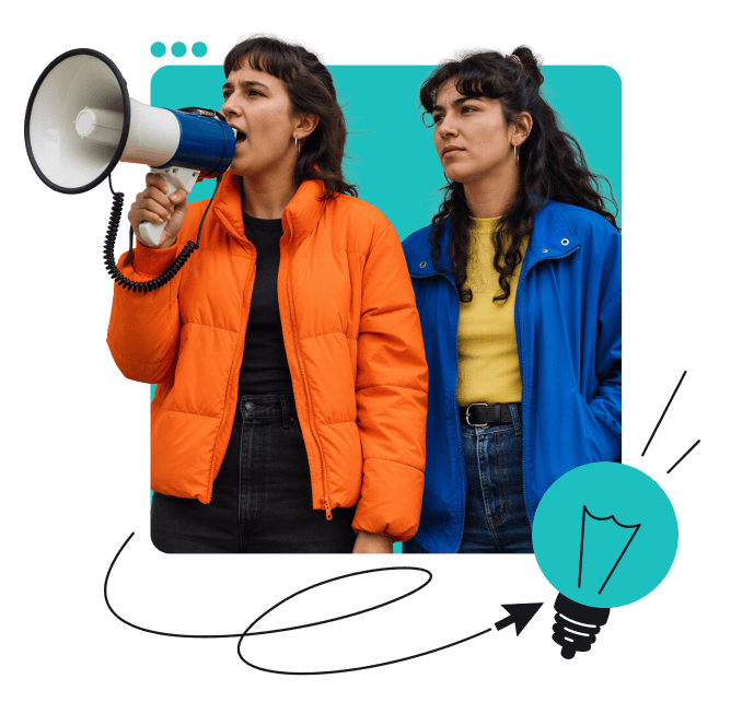 Two people in orange and blue jackets, one holding a megaphone, with a light bulb icon nearby