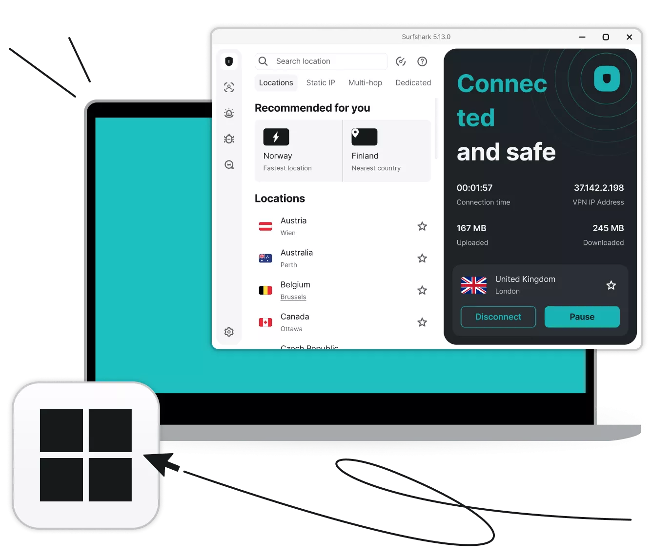 Laptop showing the Surfshark VPN app connected to a UK server in London by the Windows logo and a cursor arrow.