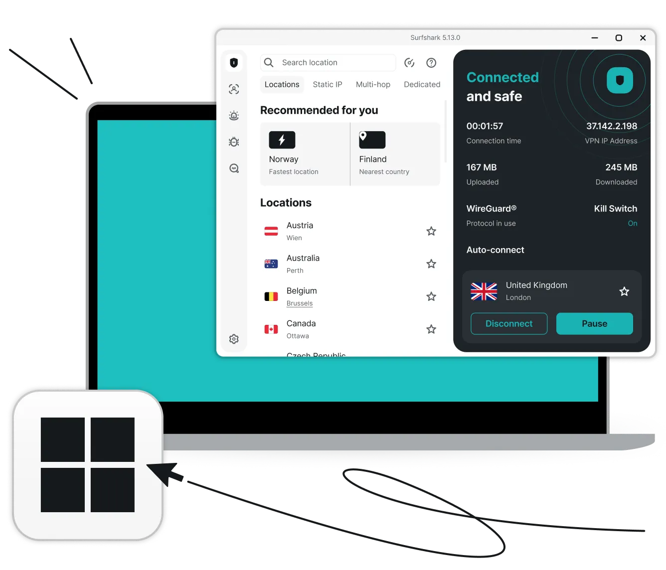 Laptop showing the Surfshark VPN app connected to a UK server in London by the Windows logo and a cursor arrow.
