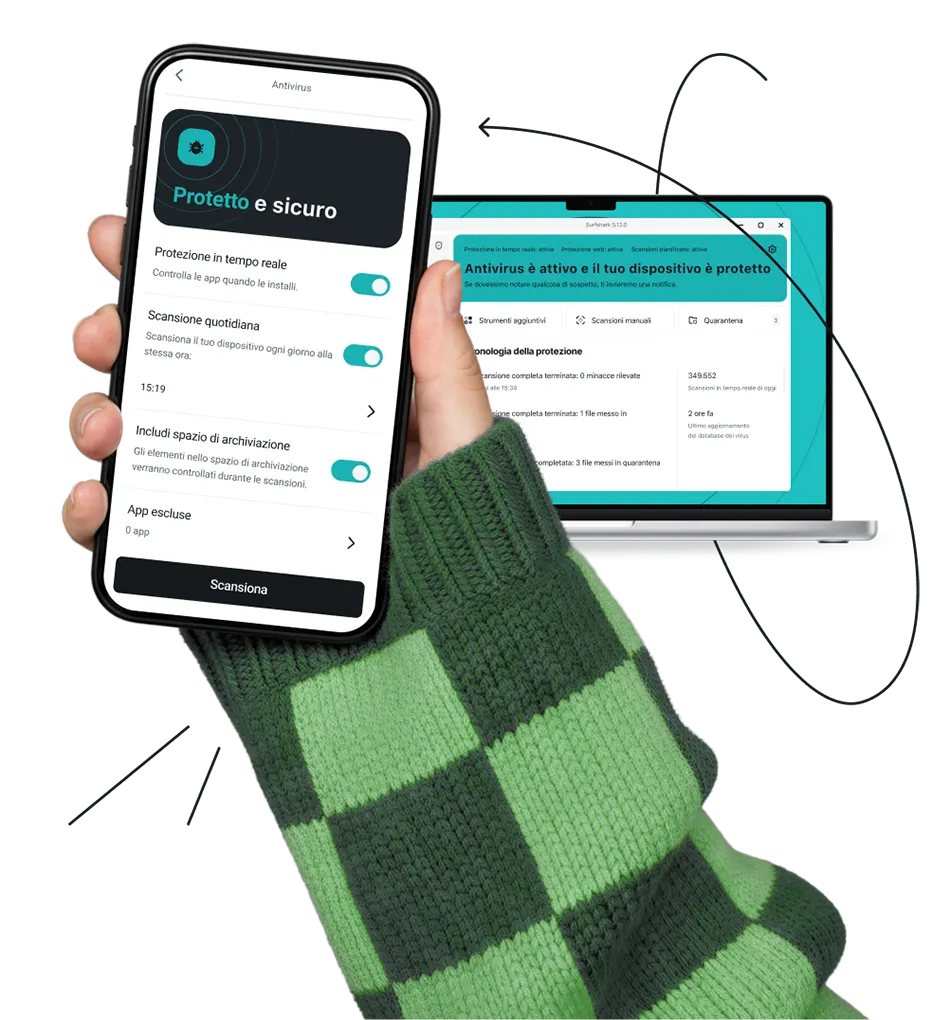 Una mano che tiene uno smartphone che visualizza l'interfaccia dell'Antivirus, posizionato davanti a un portatile, con uno scarabocchio che gli gira intorno.