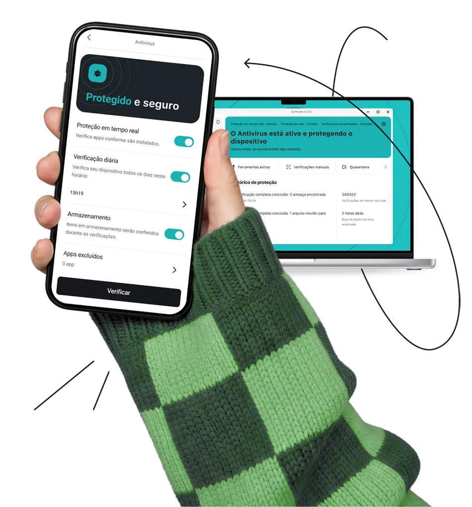 Uma mão segurando um smartphone exibindo a interface do Antivírus, colocado em frente a um laptop, com um rabisco dando voltas ao redor.