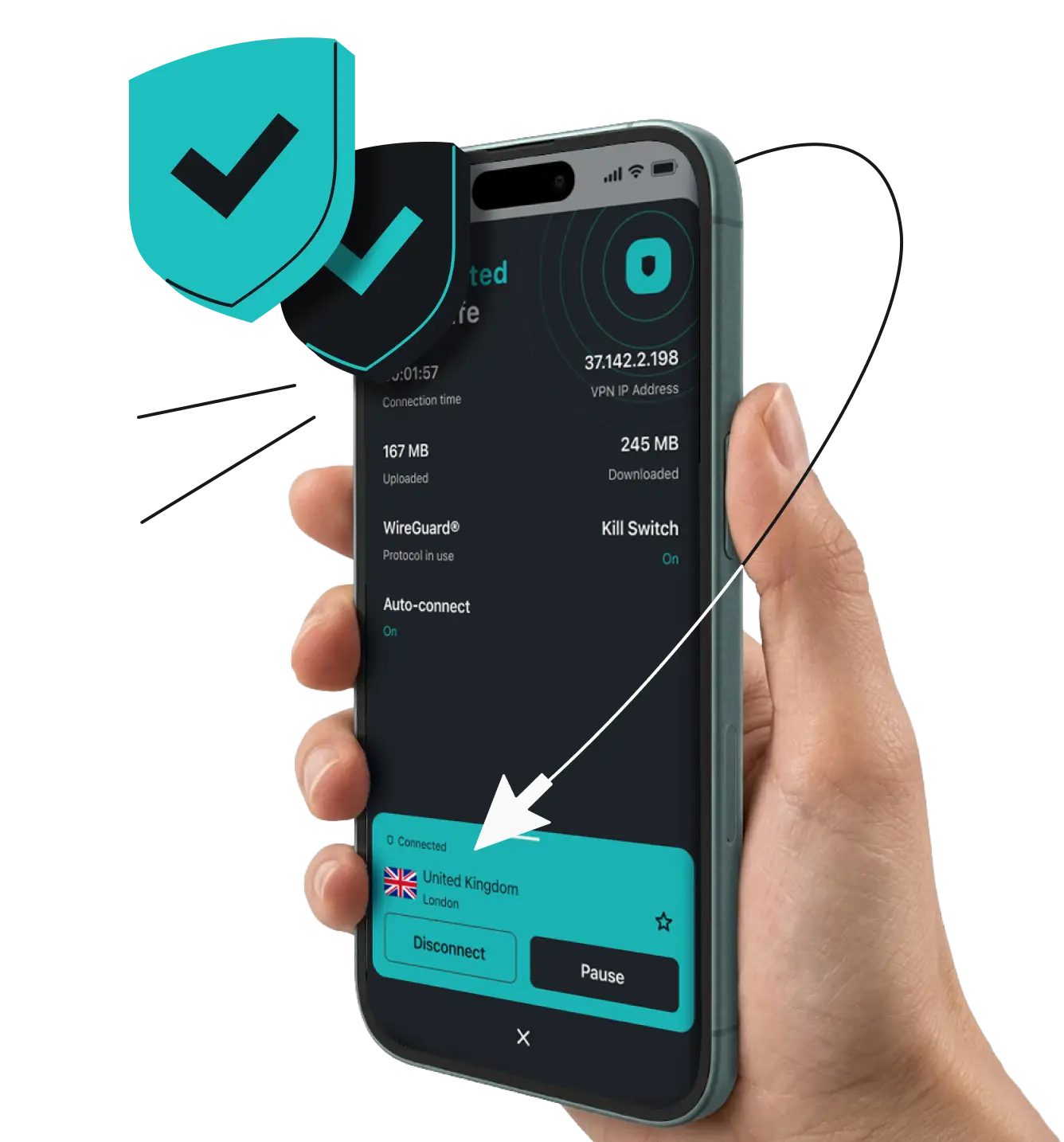 Hand holding phone with VPN app connected to United Kingdom, with a checkmarked shield and arrow highlighting status