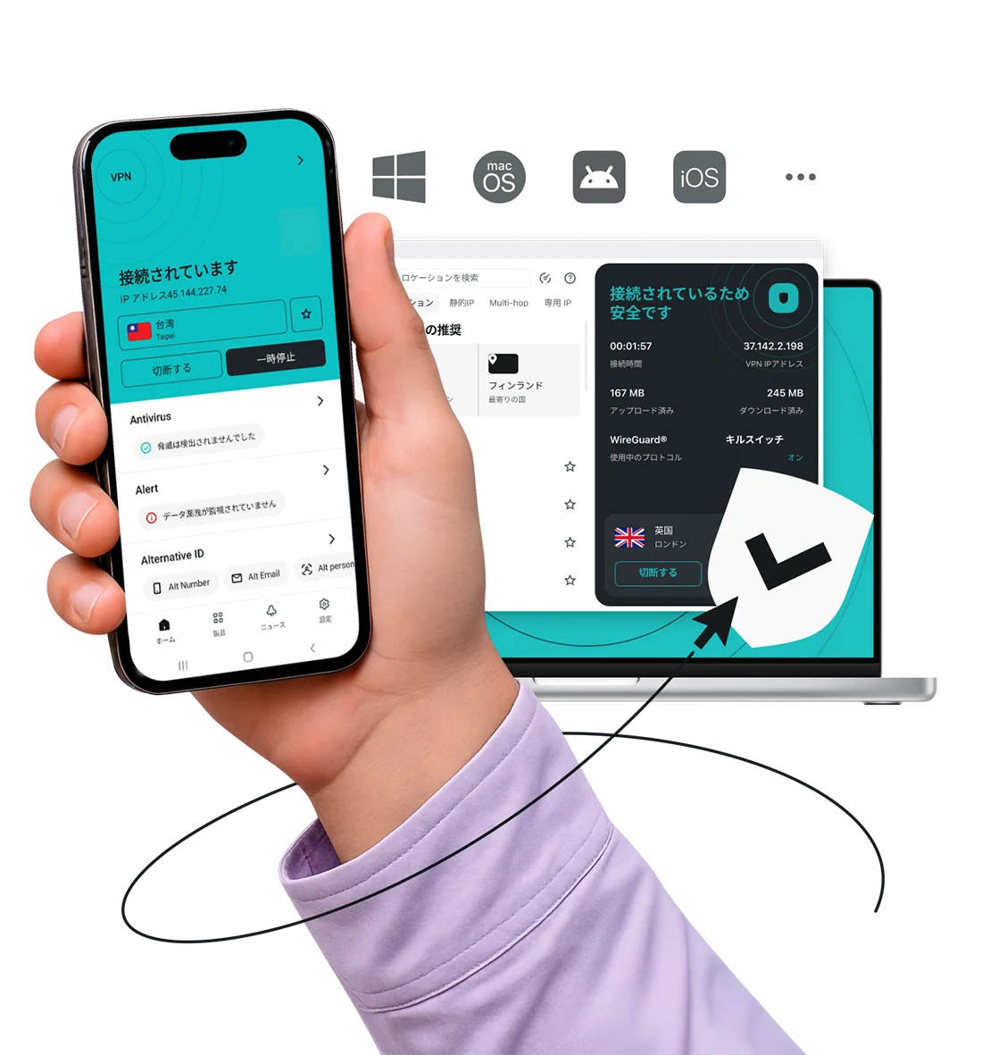バックグラウンドにノートパソコンと複数のデバイスアイコンがあり、Surfshark VPNアプリが接続されていることを示すスマートフォンを持っている手。