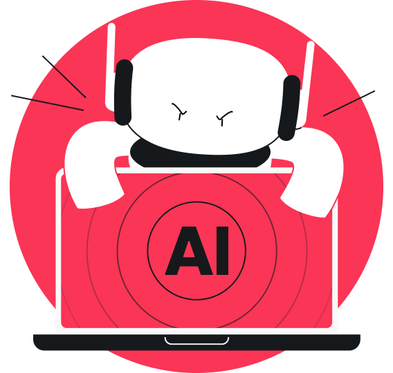 A cartoon robot behind a laptop screen displaying the text AI.