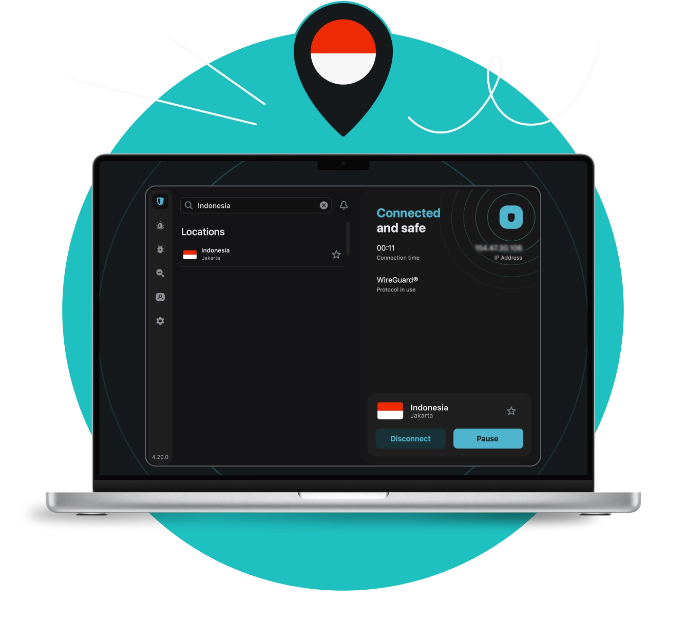 Laptop screen showing VPN app connected to Indonesia with status Connected and safe