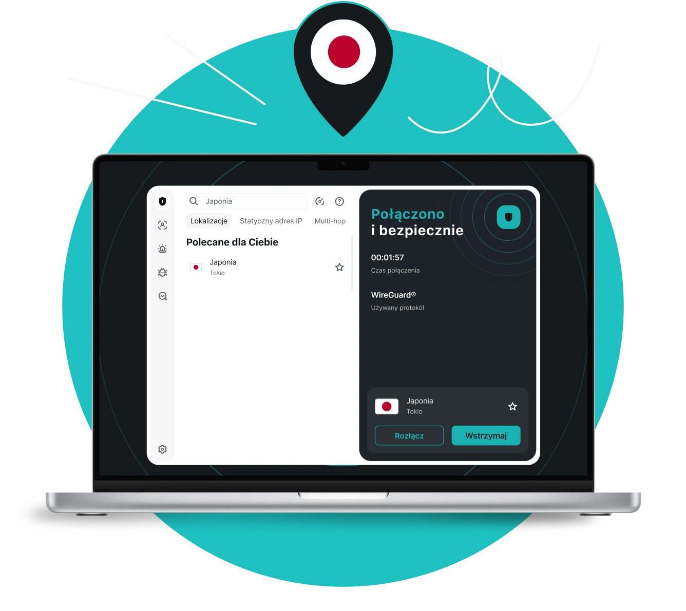 Ekran laptopa pokazujący Surfshark VPN połączony z serwerem w Tokio, ze znacznikiem lokalizacji powyżej wyświetlającym japońską flagę.