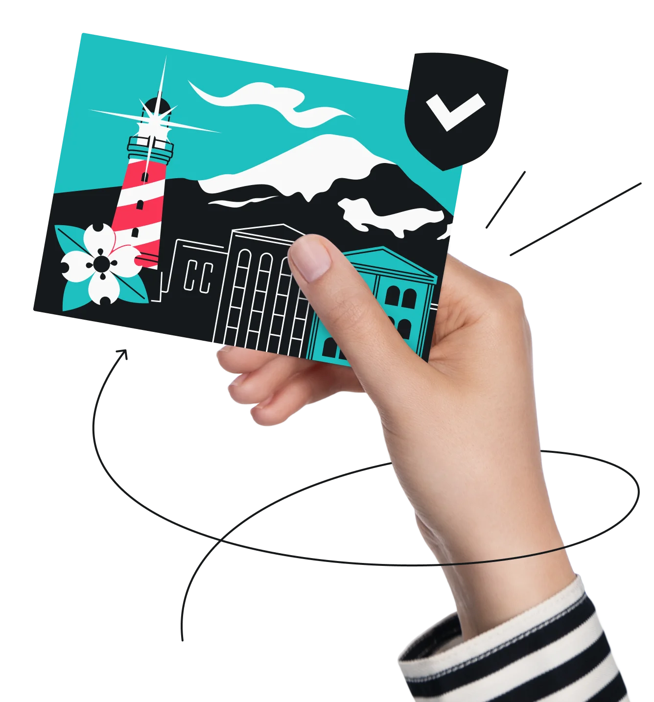 Hand holding illustrated card with striped lighthouse, mountains, buildings, flower, and checkmark icon