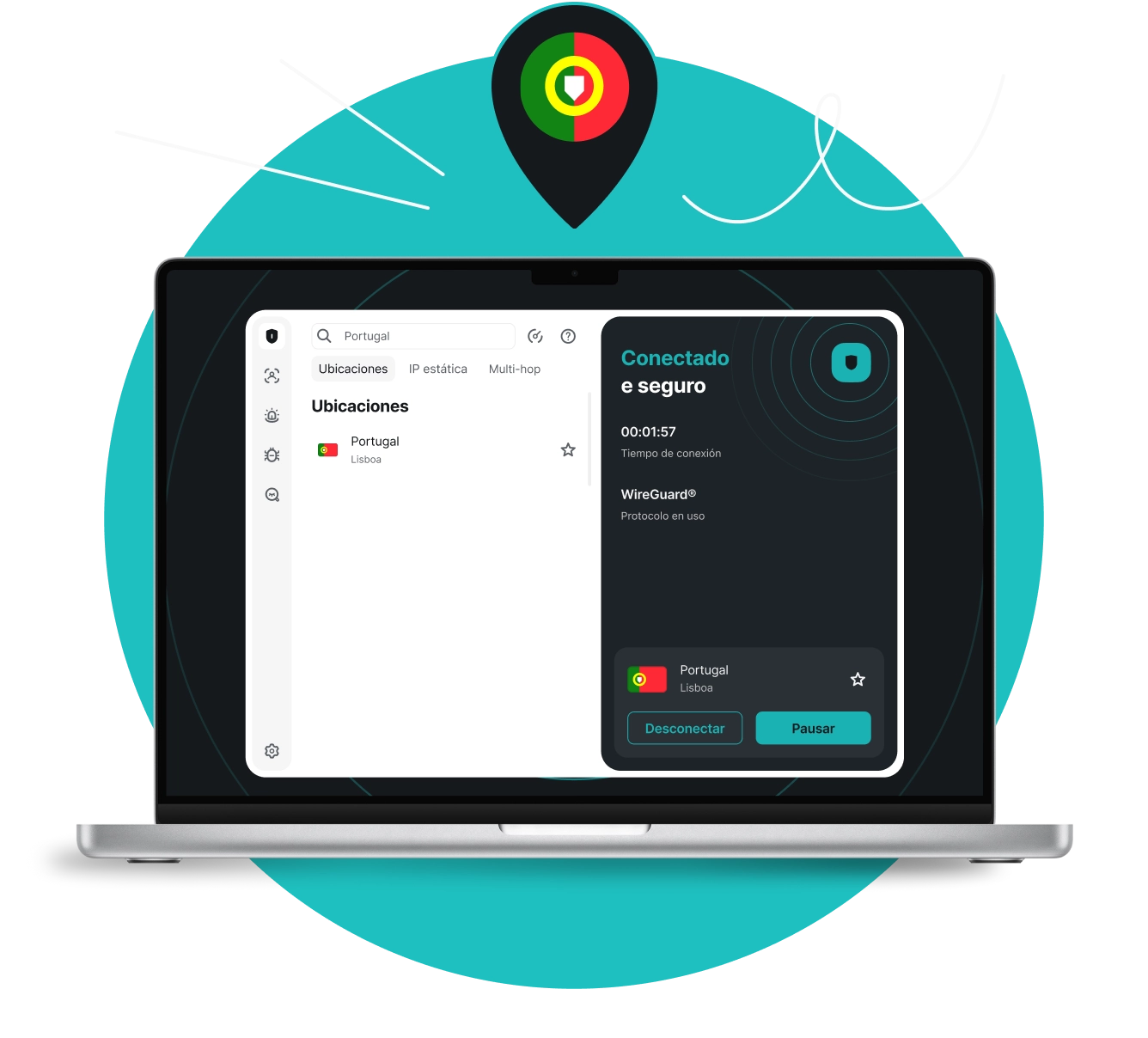 Una laptop mostrando la aplicación Surfshark conectada a un servidor en Portugal, con un pin de ubicación de la bandera portuguesa encima.