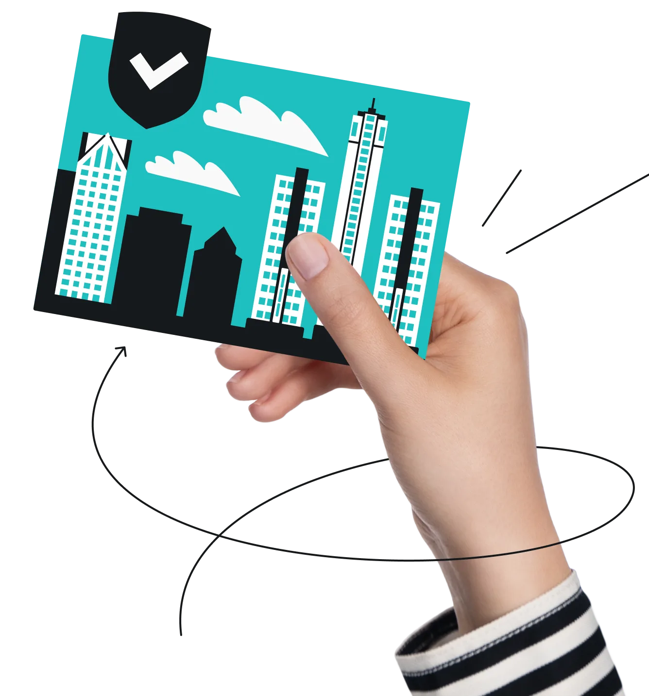 Hand holding a teal card featuring a city skyline and a black shield with a white checkmark, with a drawn swooping arrow.