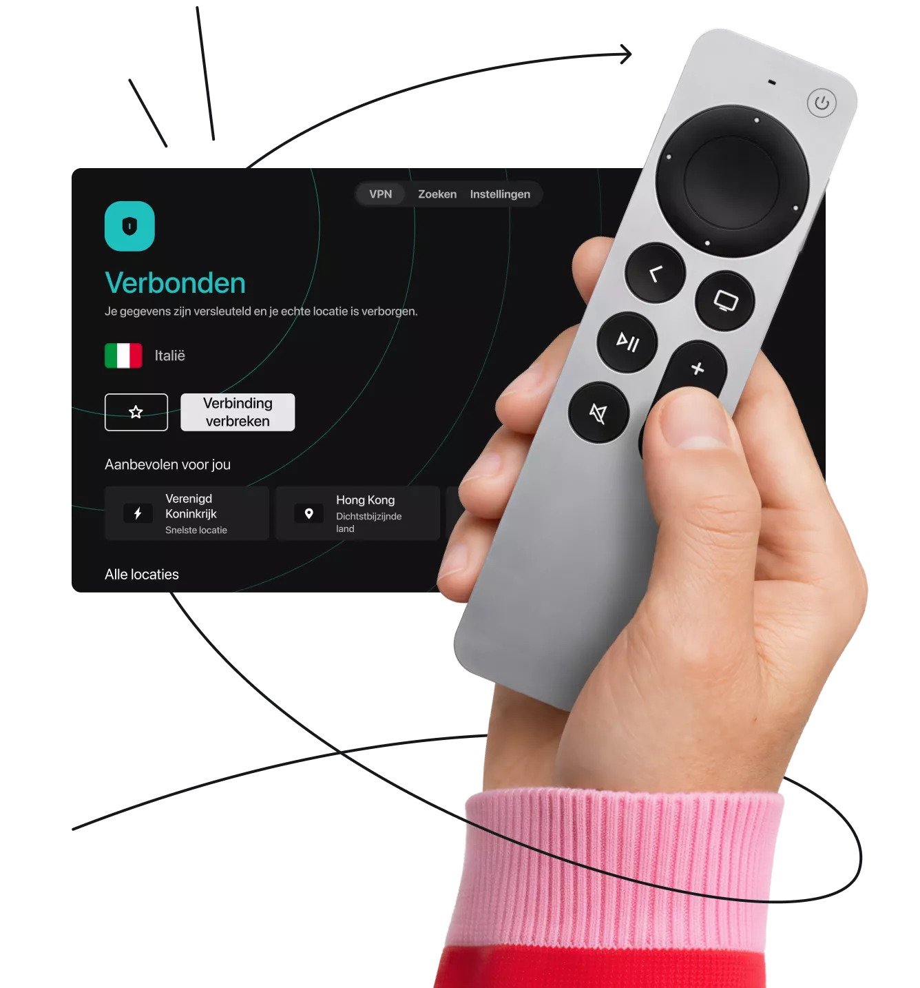 Hand die een afstandsbediening van een smart-tv vasthoudt voor de interface van de Surfshark VPN-app die een verbinding met een Italiaanse server toont.