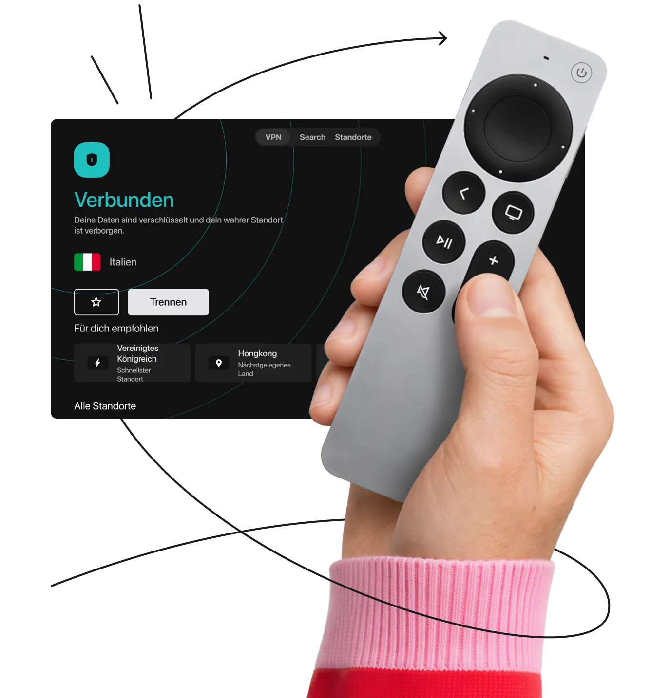 Eine Hand hält eine Smart-TV-Fernbedienung vor der Benutzeroberfläche der Surfshark VPN-App, die eine Verbindung zu einem italienischen Server anzeigt.