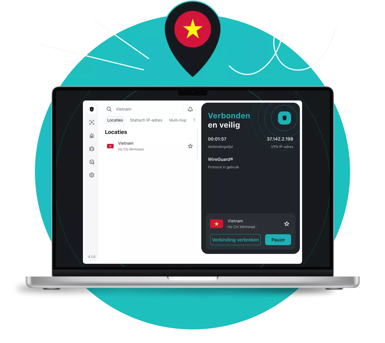 Laptop die de Surfshark VPN-app toont, verbonden met een server in Ho Chi Minhstad onder een locatiespeld met de Vietnamese vlag.