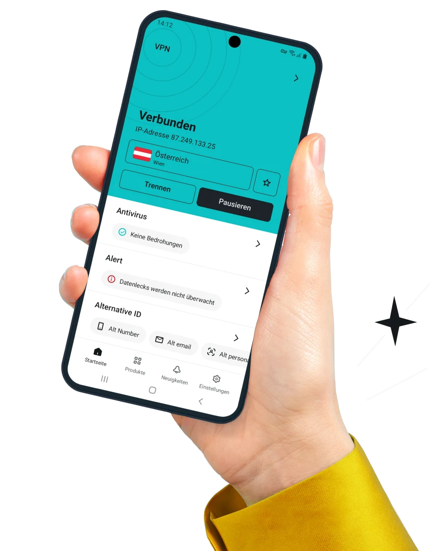 Eine Hand, die ein Android-Smartphone hält, das die Surfshark-App und die Tools VPN, Antivirus, Alert und Alternative ID zeigt.