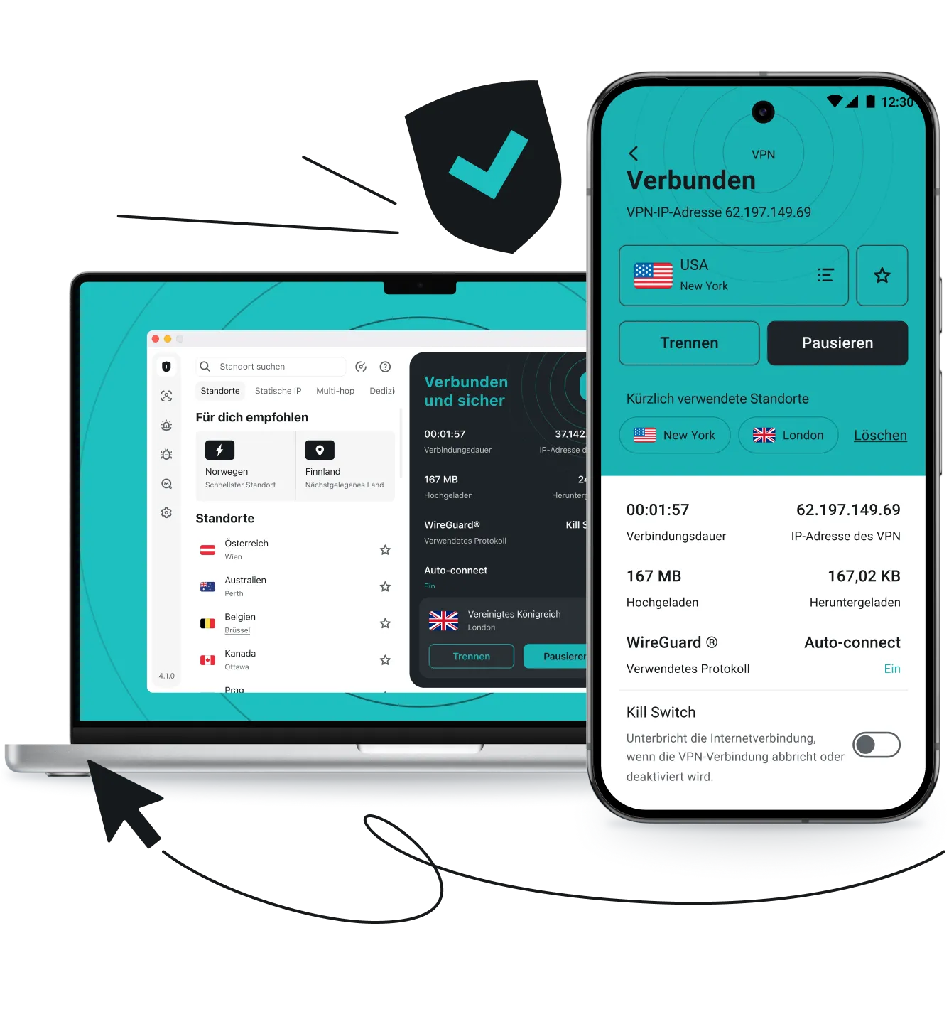 Ein Laptop und ein Smartphone, die die Surfshark VPN-App-Oberfläche neben einem Schild mit Häkchen, einem Cursor-Pfeil und Bewegungslinien zeigen.