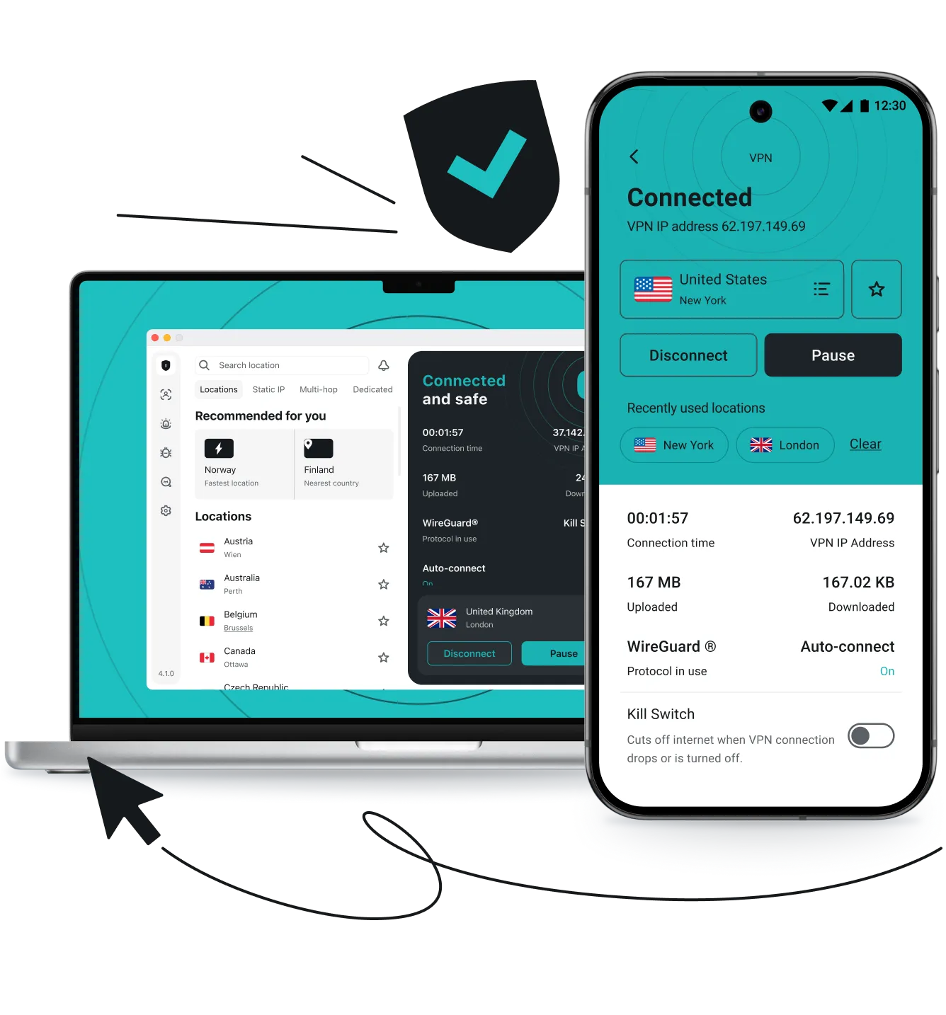 A laptop and smartphone showing the Surfshark VPN app interface by a checkmarked shield, a cursor arrow, and motion lines.