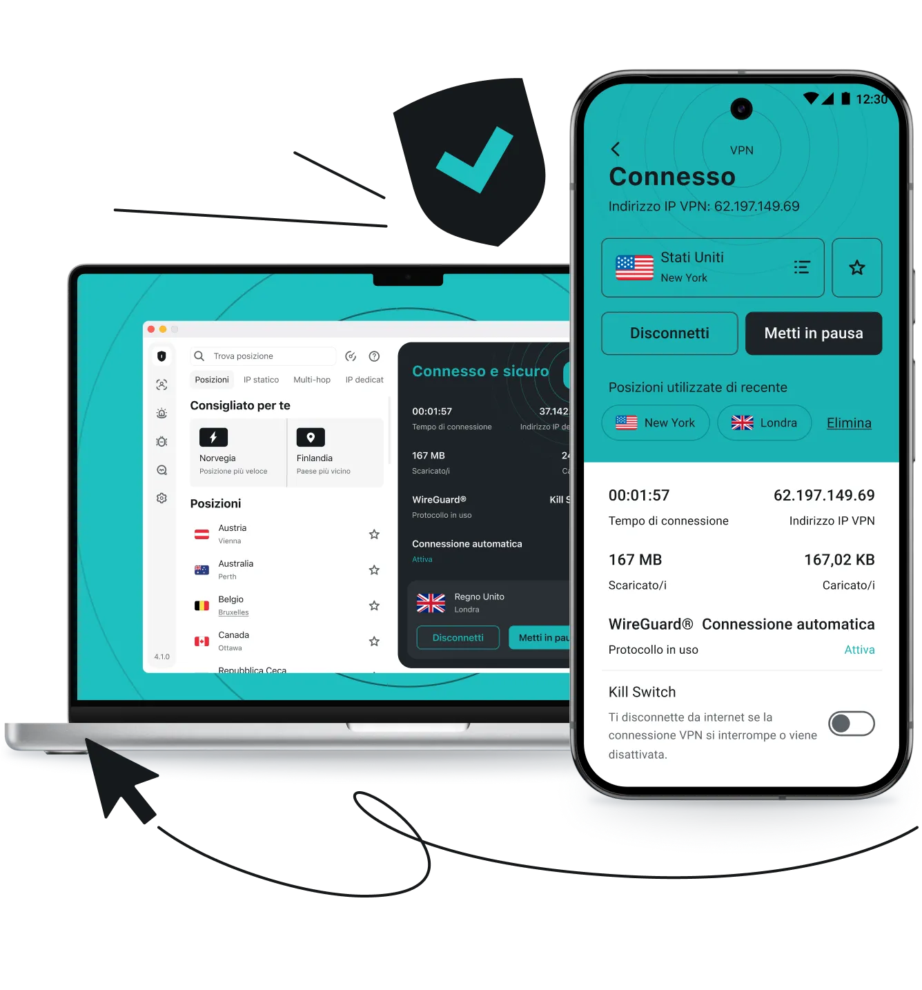 Un laptop e uno smartphone che mostrano l'interfaccia dell'app Surfshark VPN accanto a uno scudo con un segno di spunta, la freccia di un cursore e linee di movimento.