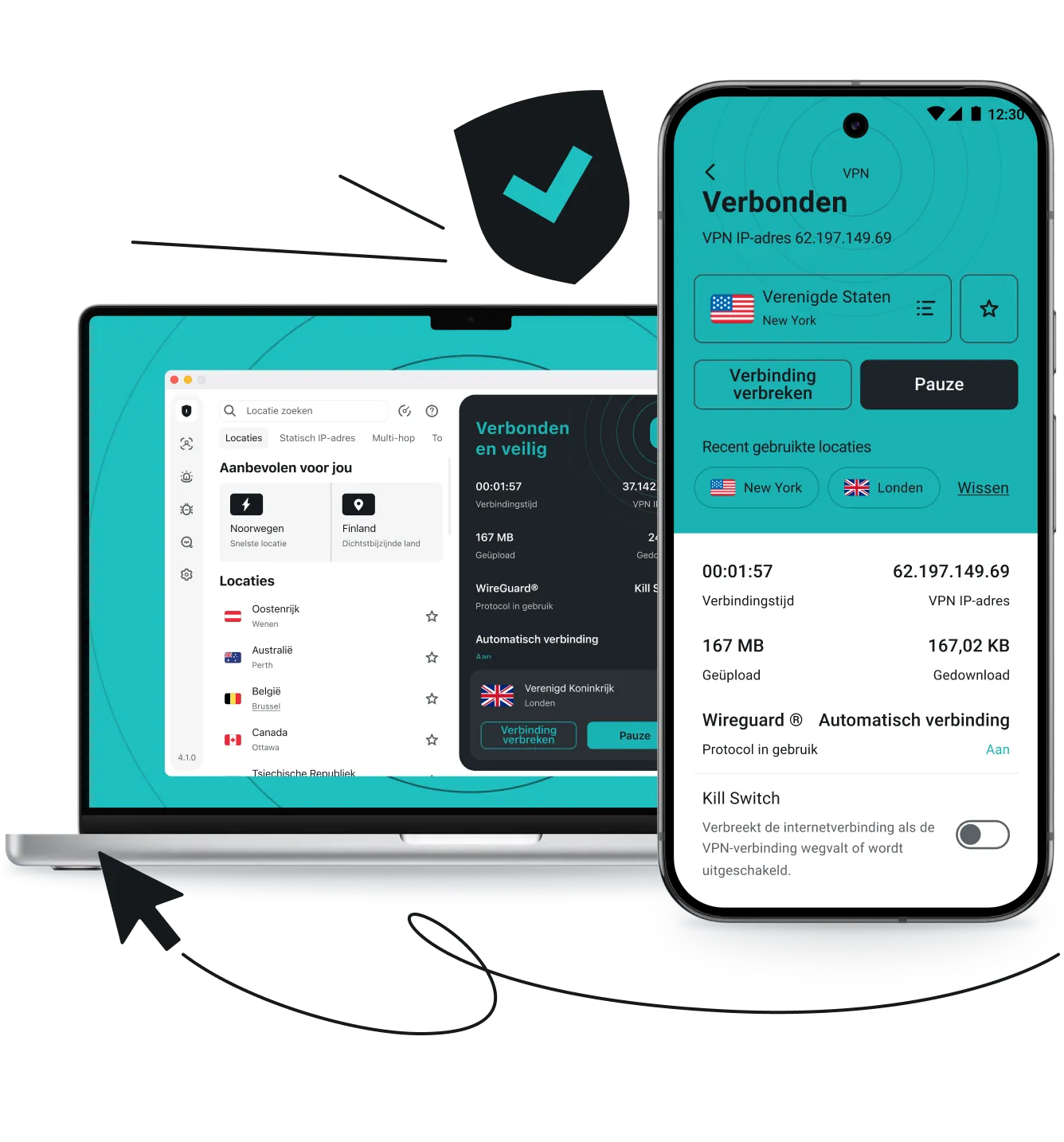 Een laptop en smartphone die de interface van de Surfshark VPN-app tonen naast een schild met een vinkje, een cursorpijl en bewegingslijnen.