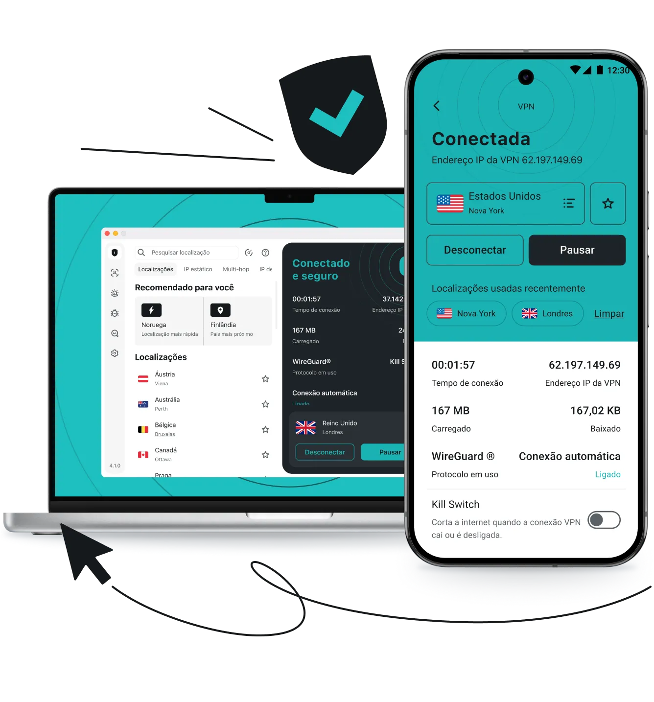Um laptop e um smartphone mostrando a interface do aplicativo Surfshark VPN ao lado de um escudo com um sinal de visto, uma seta de cursor e linhas de movimento.