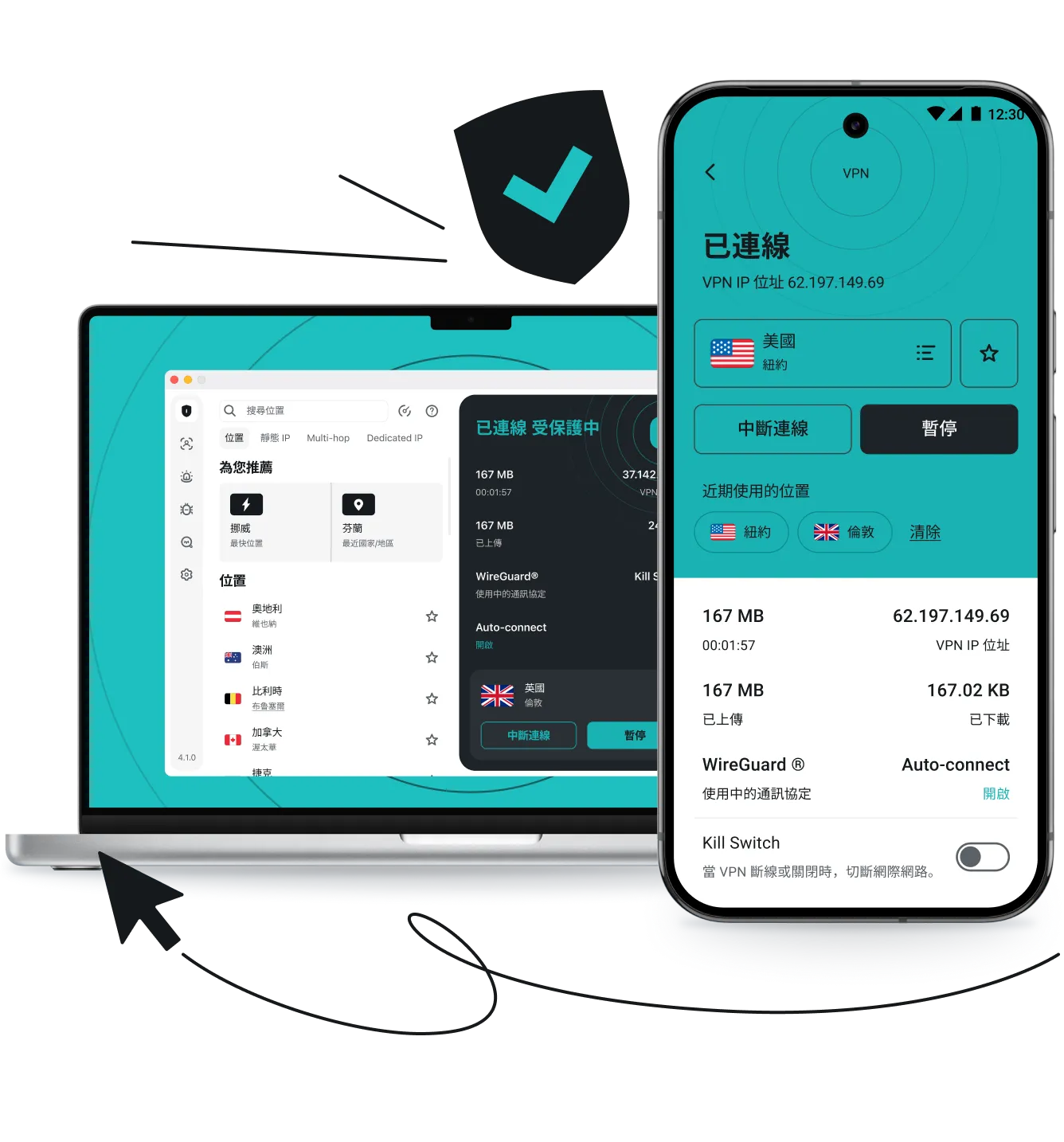 筆記型電腦和智慧型手機顯示了Surfshark VPN應用程式介面，旁邊有一個帶打勾的盾牌、游標箭頭和動態線條。