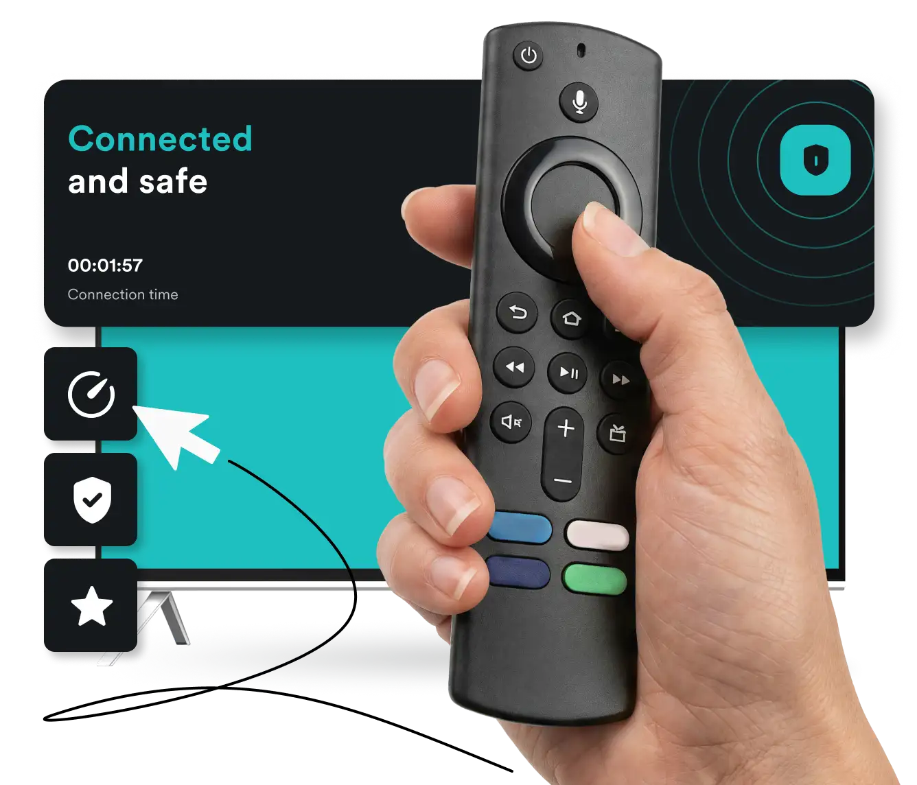 Hand holding a smart TV remote in front of a screen showing Connected and safe with lock and shield icons