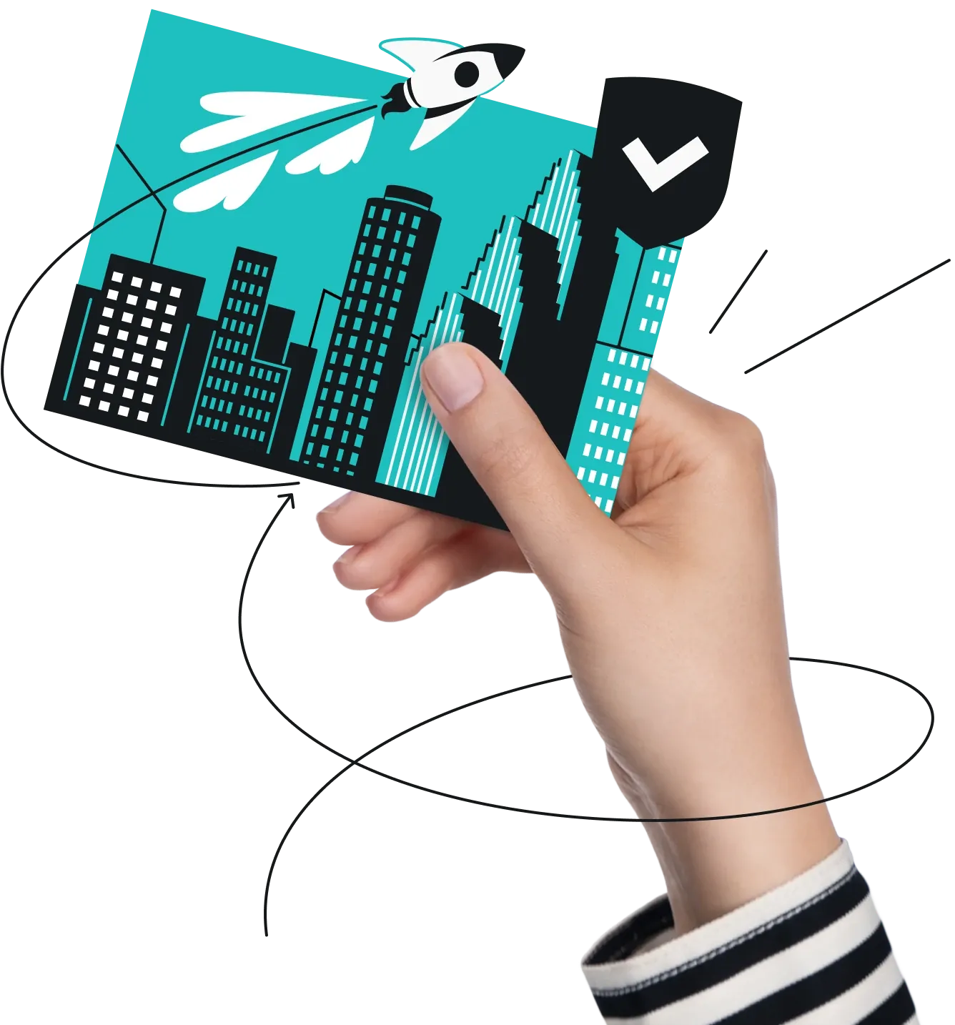 Hand holding a city postcard with a rocket and checkmark shield icon.