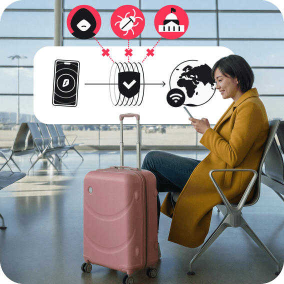 Woman in a mustard coat at the airport with a pink suitcase, using a phone. A secure VPN tunnel blocking hackers and malware in the background.