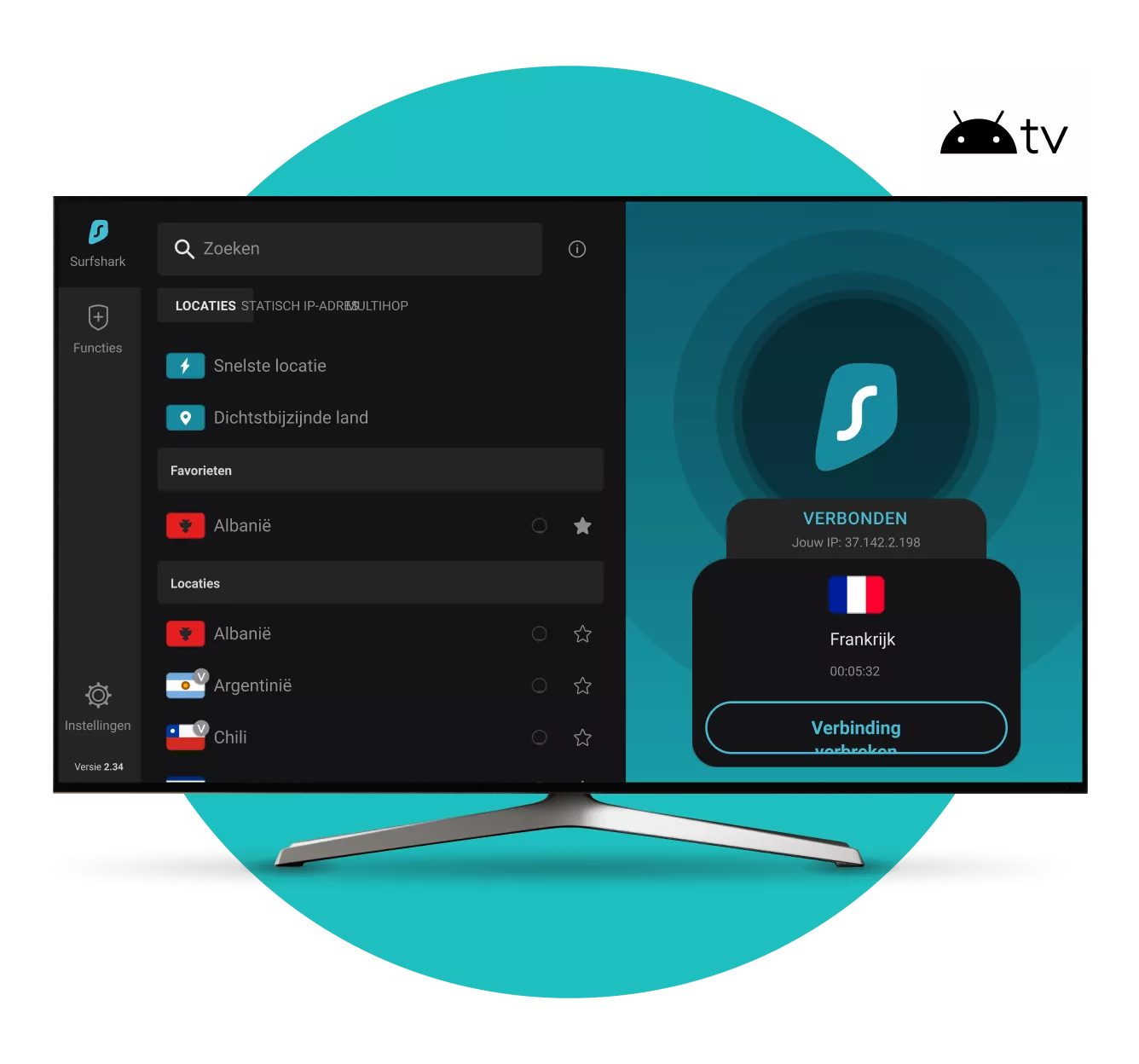 Smart TV-scherm dat de Surfshark VPN-app toont verbonden met Frankrijk met een Android TV-badge in de rechterbovenhoek.