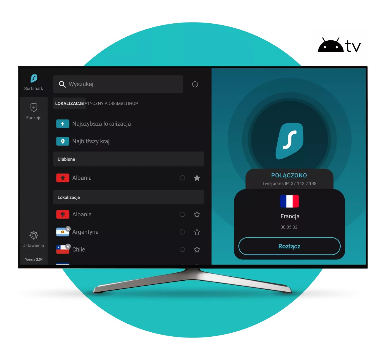 Ekran Smart TV pokazujący aplikację Surfshark VPN połączoną z Francją ze znaczkiem Android TV w prawym górnym rogu.