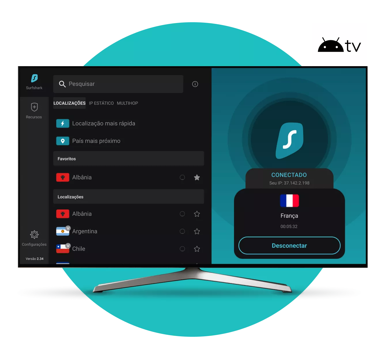 Tela de Smart TV mostrando o aplicativo Surfshark VPN conectado à França com um emblema do Android TV no canto superior direito.