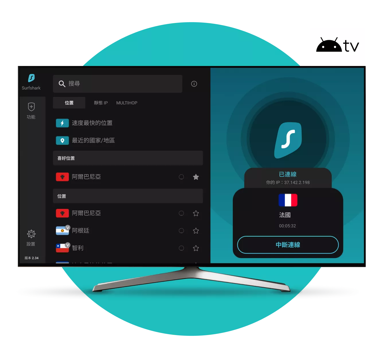 智能電視螢幕顯示Surfshark VPN應用程式已連接到法國，右上角有Android TV徽章。