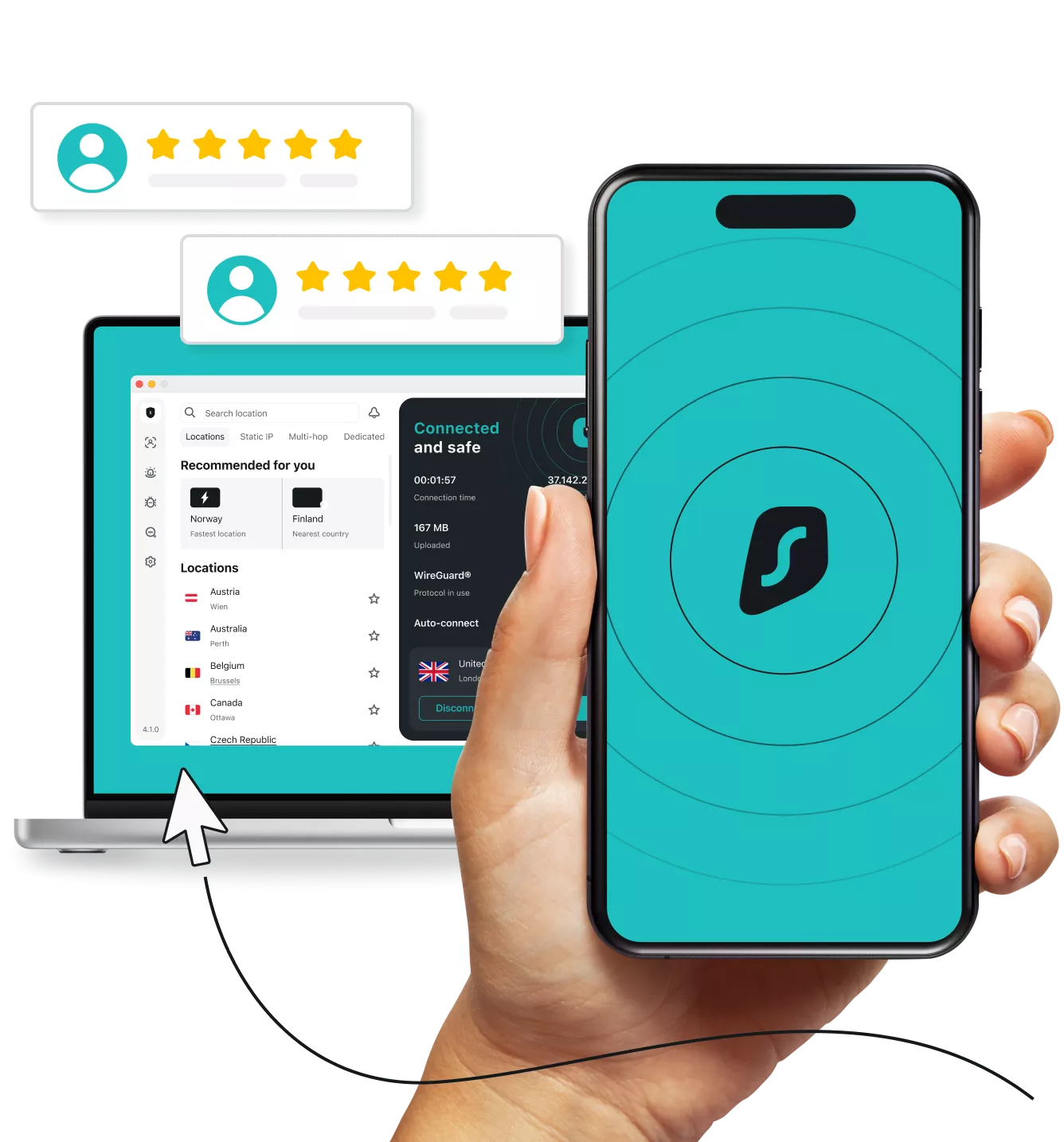 Hand holding a phone with the Surfshark app open and a VPN dashboard and five-star review cards in the background.