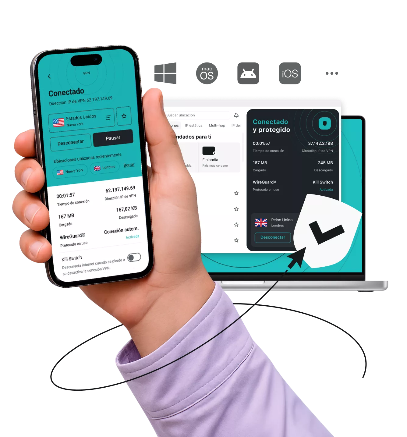 Una mano sosteniendo un smartphone que muestra la aplicación Surfshark VPN conectada, con un portátil y varios iconos de dispositivos al fondo.