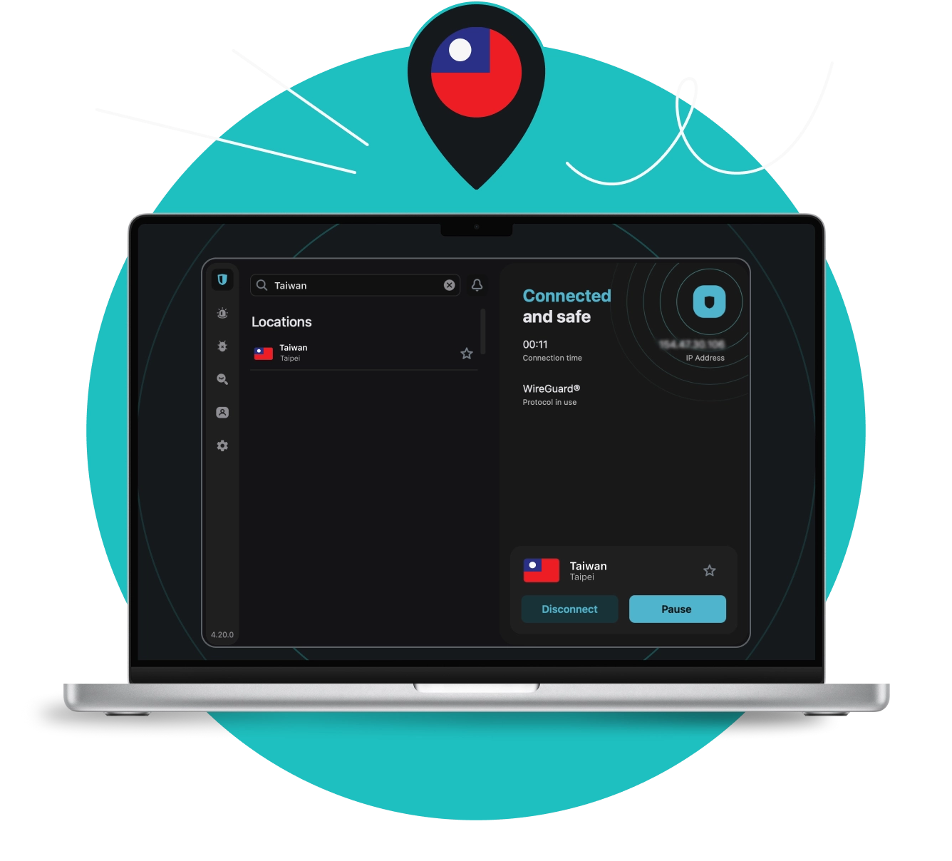 Laptop displaying a VPN app connected to Taiwan, with a location pin above