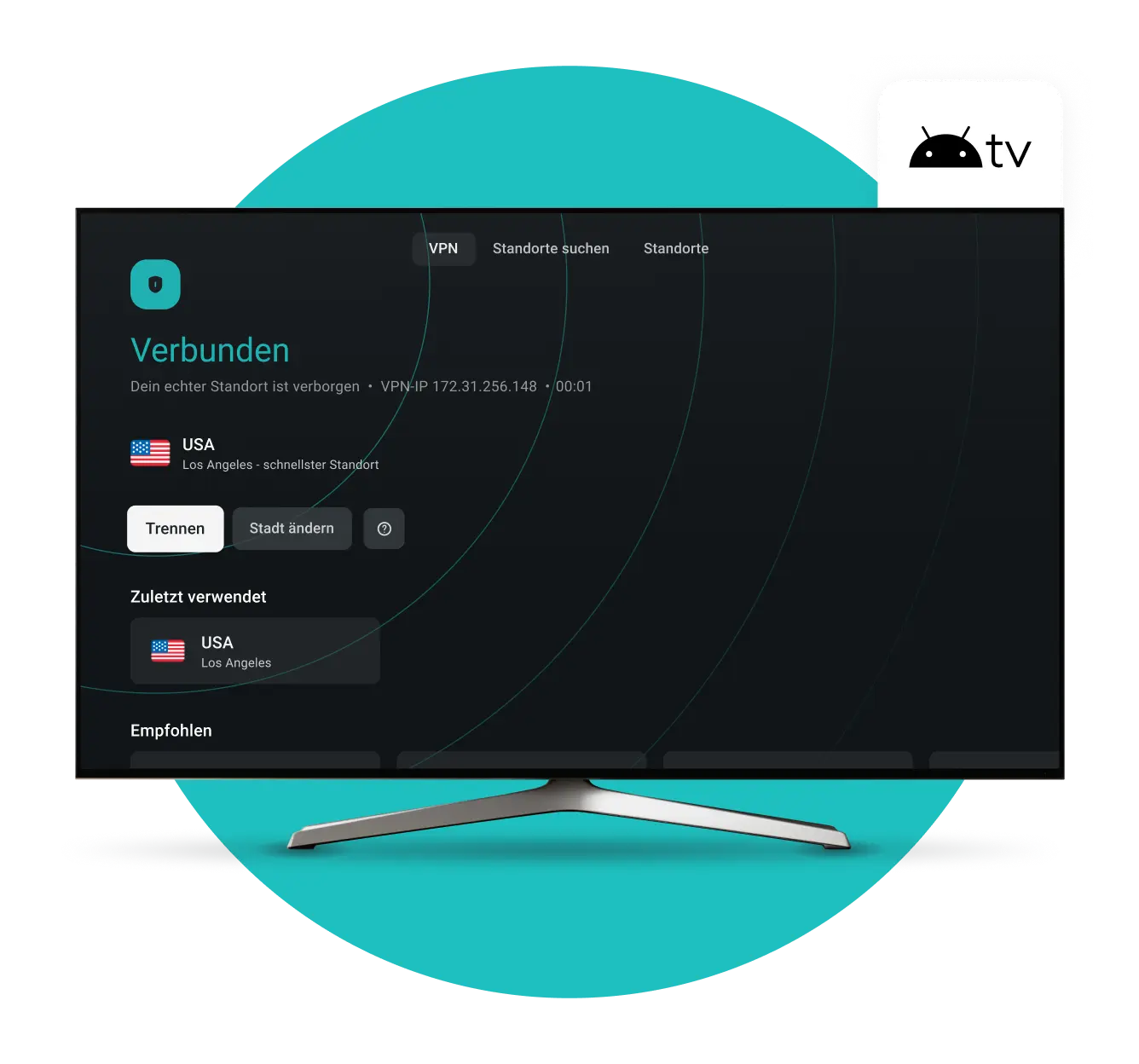 Smart-TV-Bildschirm, der die Surfshark VPN-App verbunden mit den USA zeigt, mit einem Android TV-Abzeichen in der oberen rechten Ecke.